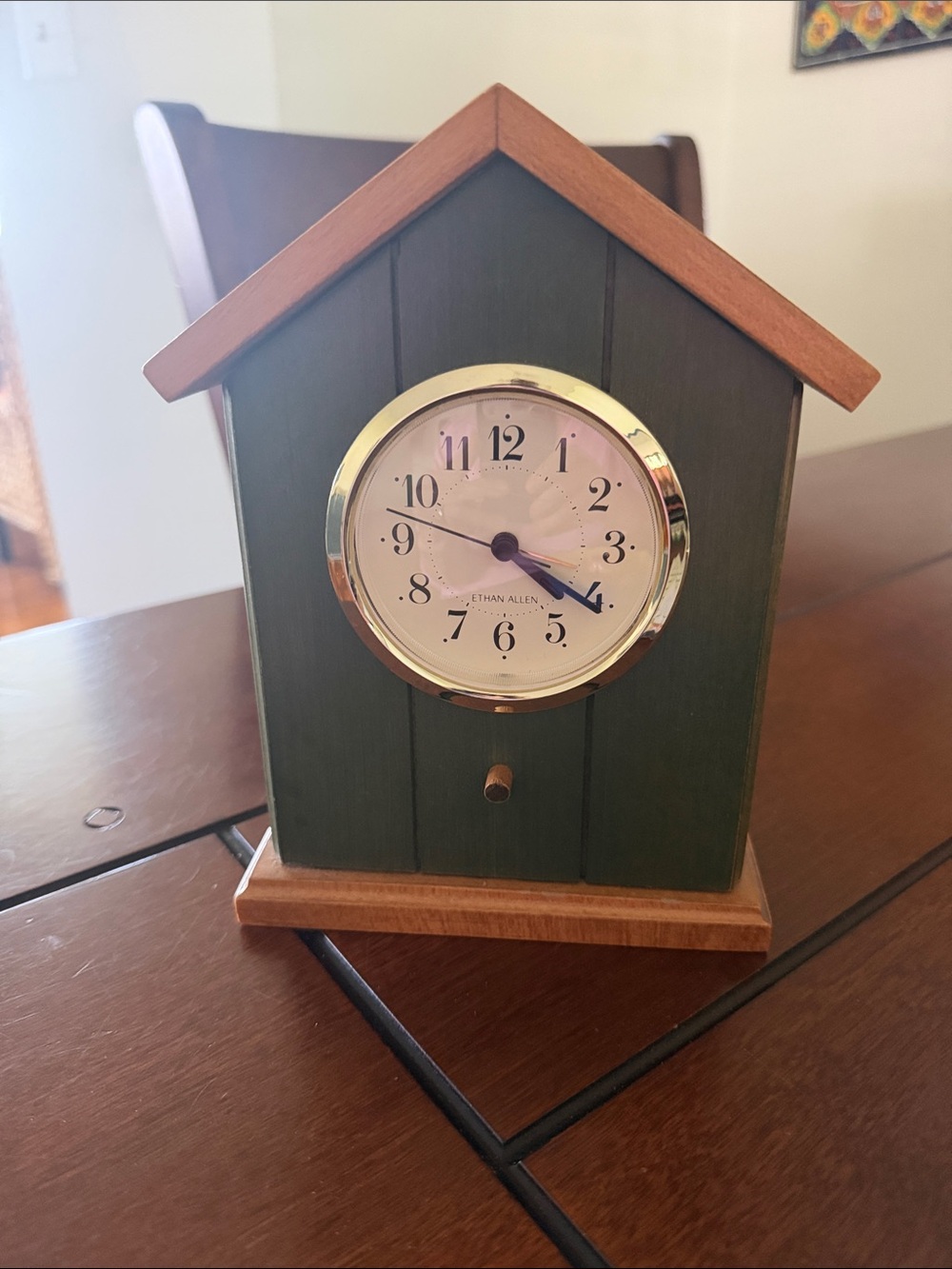 Vintage Ethan Allen Green and Brown Cottage-Style Mantel Clock with Gold Bezel